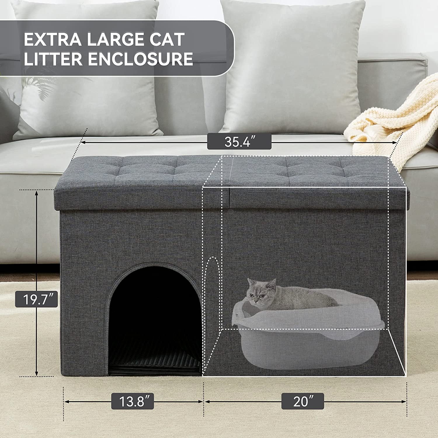 Cat Litter Box Enclosure Hidden Furniture Ottoman with Lid Dog Proof Cat Litter Box with Litter Mat and Odor Control Filter XLarge 36 x19.6 x19.6 Dark Grey Walmart