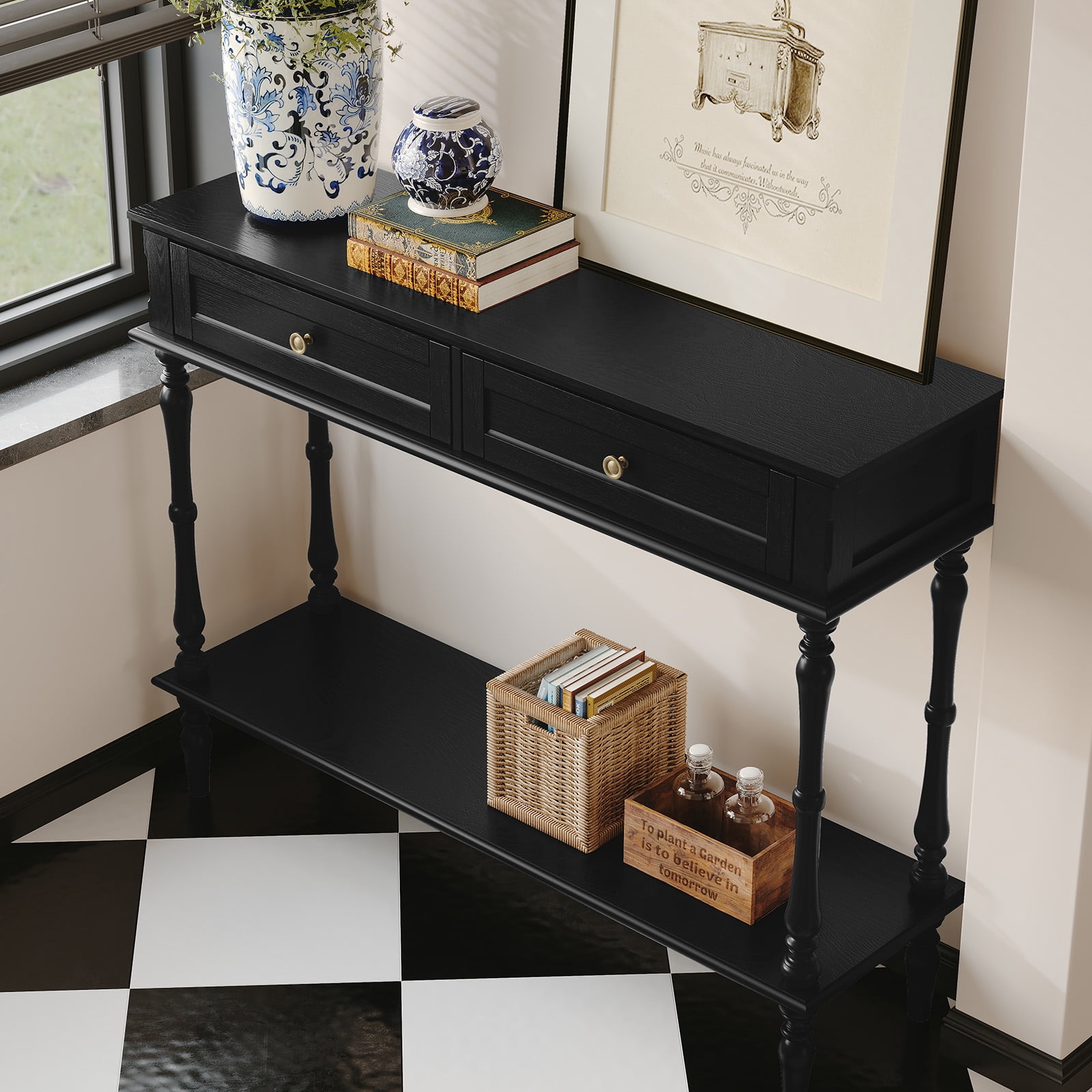 HLR 40" Modern Console Table, Assembled Entryway Table with 2 Drawers for Living Room, Black