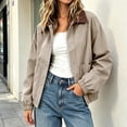 thumbnail image 2 of Women's Vintage Contrast Lapel Collar Bomber Jacket Elastic Cuffs Hem Loose Fit Cropped Jacket Fall Winter Casual Cargo Coat with Pocket Beige, 2 of 6