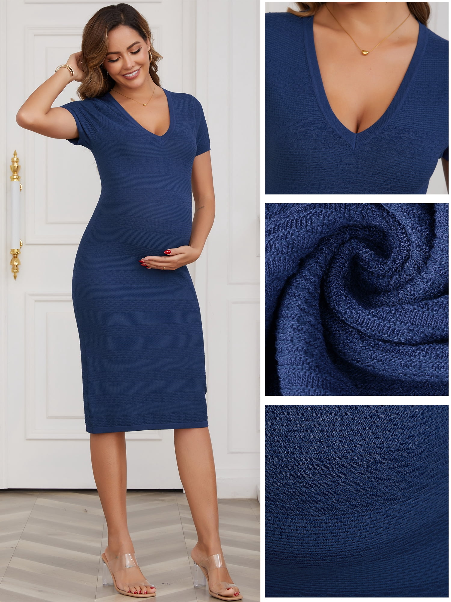 DARING DIVA Women's Maternity V Neck Stretchy Crochet Knit Dresses XL Navy Blue