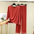 thumbnail image 2 of Ashirexll Pajamas for Women Set Solid Color Round Neck Loose Long Sleeve Top with Matching Pants Loungewear Set, 2 of 7