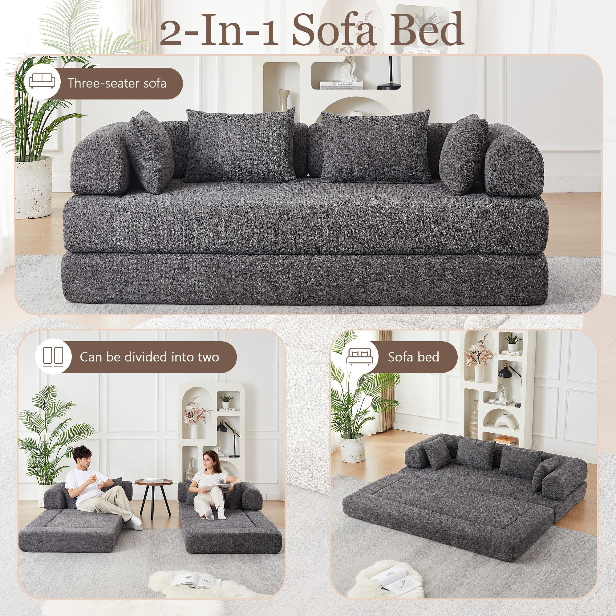 Sailvan 78.9" Convertible Sleeper Sofa, Modular Chenille Folding Mattress Sofa Bed with 4 Pillows, No Assembly Floor Lounge for Living Room Grey