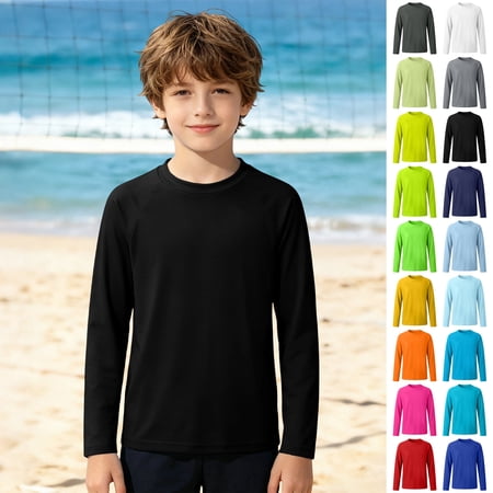 Bigetiay Boys Long Sleeve Swim Shirt Solid Color Summer Beach Sun Rash Guard Kids Size 13-14 Years
