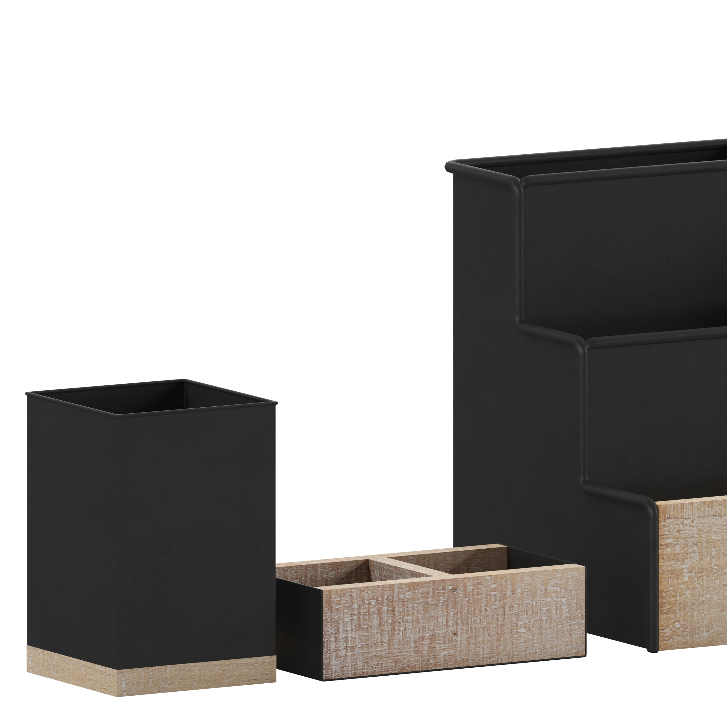 Merrick Lane 3 Piece Desk Organizer Set for Desktop, Countertop, or Vanity in Black Finished Metal and Rustic Wood