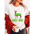 thumbnail image 1 of Dill Doe Funny Deer Cartoon Graphic T-Shirt, Short Sleeve Crew Neck Casual Top for Women, Summer & Spring Wear, Machine Washable, Semi-Transparent Knit Fabric, Black with Green Letter Print, Humo, 1 of 6