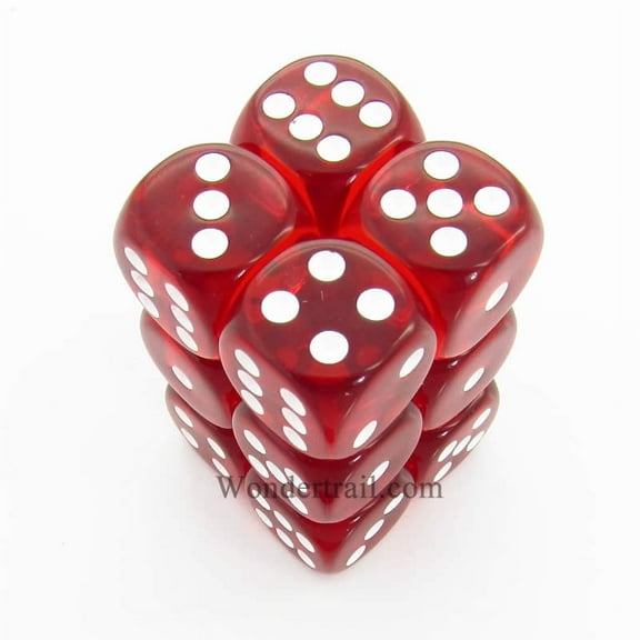 Red Translucent Dice with White Pips D6 Aprox 16mm (5/8in) Pack of 12