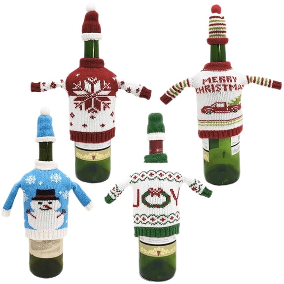 Yoyauz Party Talk Ugly Sweater Christmas Wine Bottle Covers, Holiday Wine Bottle Sweater Cover with Hat for Ugly Christmas Sweater Party Decorations