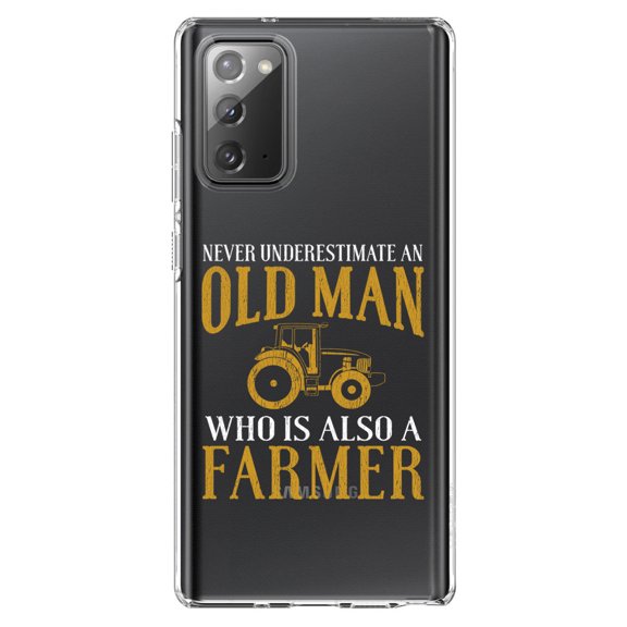 DistinctInk Clear Shockproof Hybrid Case for Samsung Galaxy Note 20 (6.7" Screen) - TPU Bumper Acrylic Back Tempered Glass Screen Protector - Never Underestimate Old Man Farmer