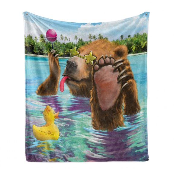 Animal Soft Flannel Fleece Throw Blanket, Happy Wild Bear in the Sea by Beach its Sunglasses Candies Print, Cozy Plush for Indoor and Outdoor Use, 50" x 70", Multicolor, by Ambesonne