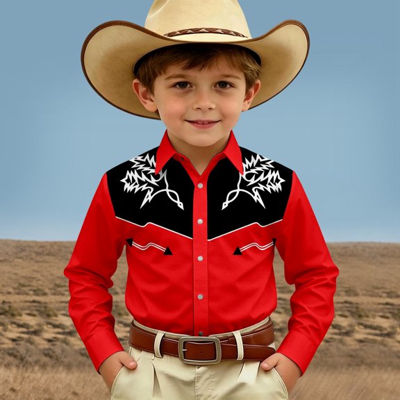 FYDUU Boy's Western Cowboy Shirt Printed Long Sleeve Shirts Vintage Regular Fit Casual Button Down Dress Shirts For Kids Festival Blouses 4-5 Years