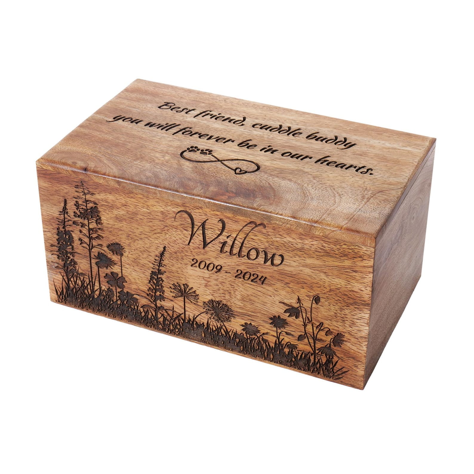 DANDELION Pets Cremation Urn for Dog Ashes with Engraved Dandelion Grass and Butterfly, Wooden Pet Memorial Urn for Dogs and Cats
