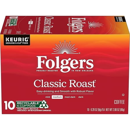 Pack of 1 Folgers Classic Roast Coffee, Medium Roast, Keurig K-Cup Pods, 10 Count Box