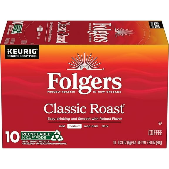 Pack of 1 Folgers Classic Roast Coffee, Medium Roast, Keurig K-Cup Pods, 10 Count Box