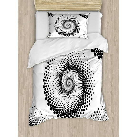 Abstract Twin Size Duvet Cover Set, Monochrome Spiral Big Dots Pattern Swirled Modern Design Artistic Illustration, Decorative 2 Piece Bedding Set with 1 Pillow Sham, Black White, by Ambesonne