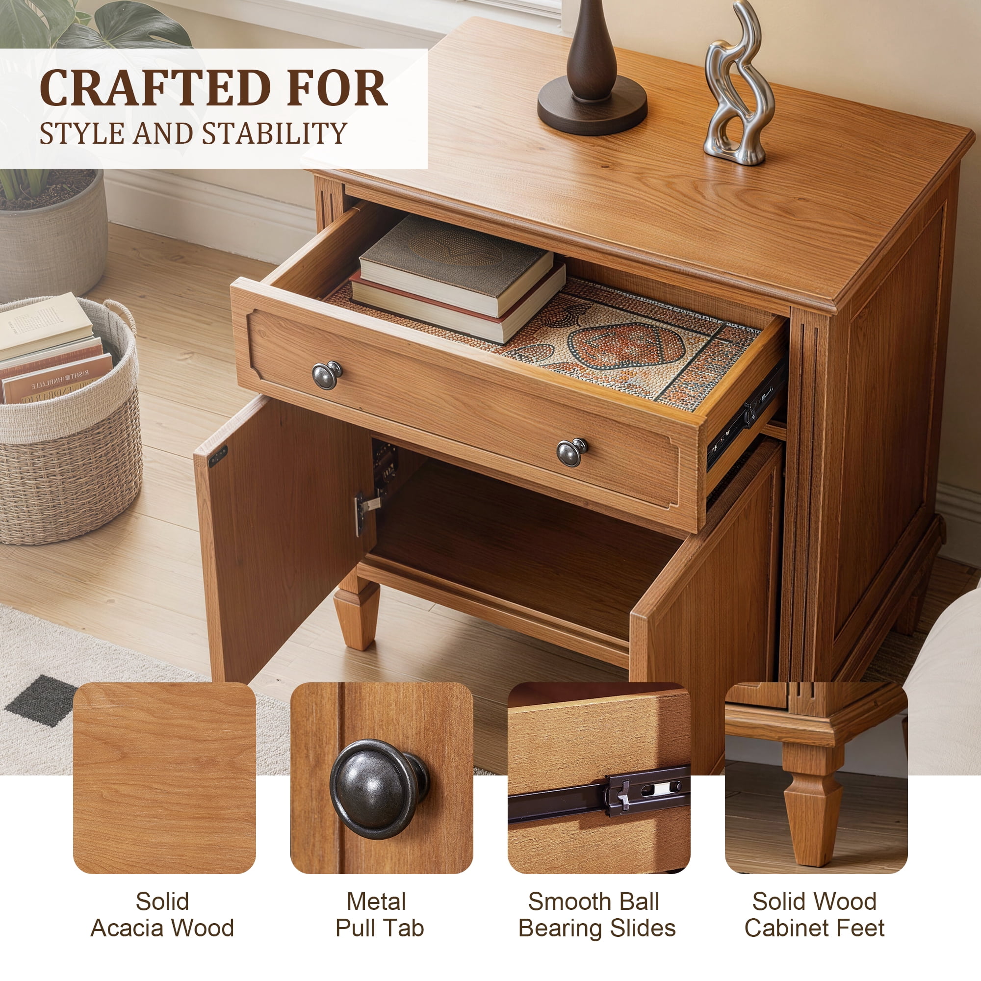 Farmhouse Nightstand with Charging Station and 2 Drawers, Wood Bedside Table with USB and Type-C Ports for Bedroom, Natural