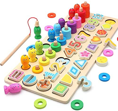 Wooden Number Puzzle with Fishing Toys for Toddlers Montessori Blocks Toys for Kids Color Shape Sorter Puzzle Board Math Counting Stacking Rings Toys Learning Education Gifts for Girls Boys 