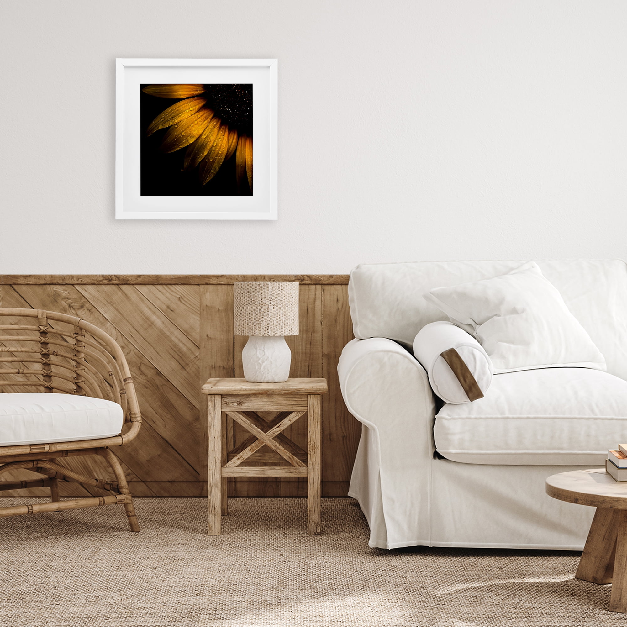 Sunflower Detail with Droplets White Framed Print Under Glass, design by Brian Carson Photography