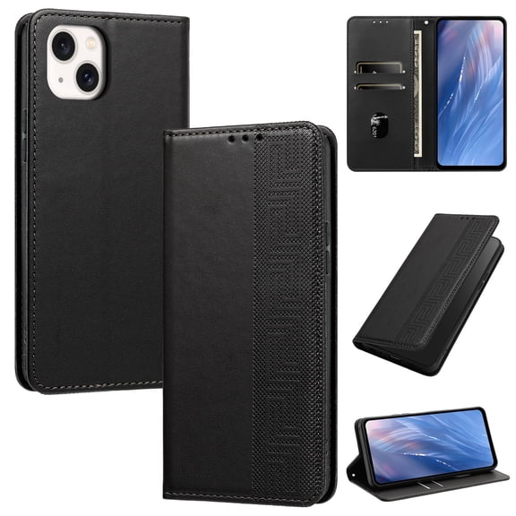 Feishell Wallet Case For iPhone 15 Plus, Premium PU Leather Flip Folio Cover with RFID Blocking Card Slots Cash Pocket Kickstand Wrist Strap Embossed Pattern Shockproof Phone Case,Black