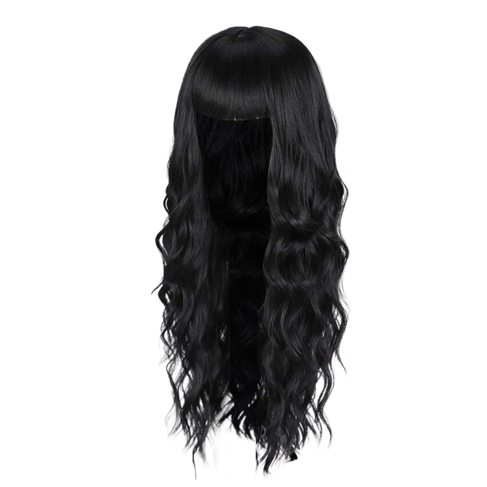 WEIWEIGG Gradient Black Long Wavy Curly Wig with Bangs - 26 Inch, Dark Roots Wig for Women, Heat Resistant Synthetic Hair, Breathable, Lightweight, Natural Looking Adjustable Cap for Daily Wear