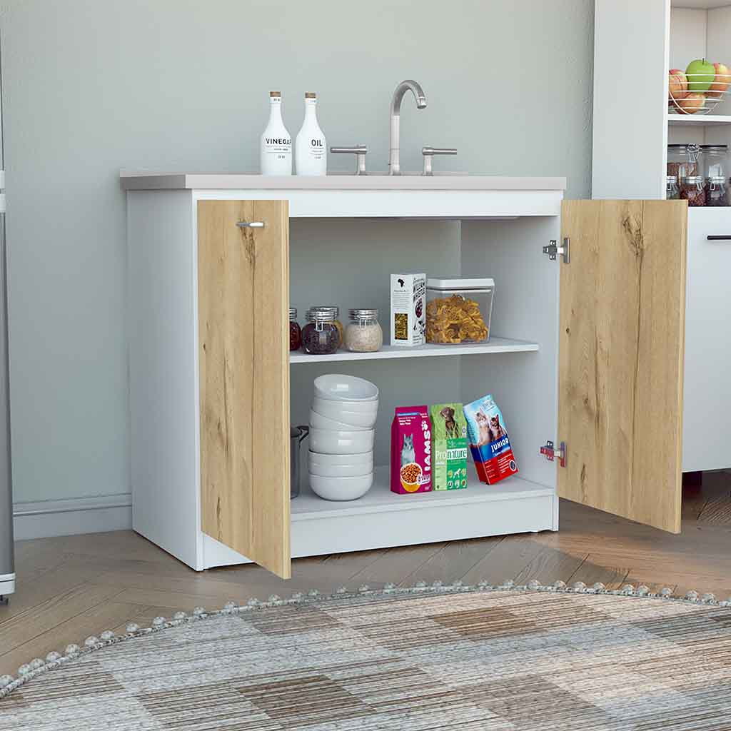 Rainlex Napoles 39" White & Light Oak Utility Sink Cabinet with Stainless Steel Basin, Double Doors & Shelf Storage