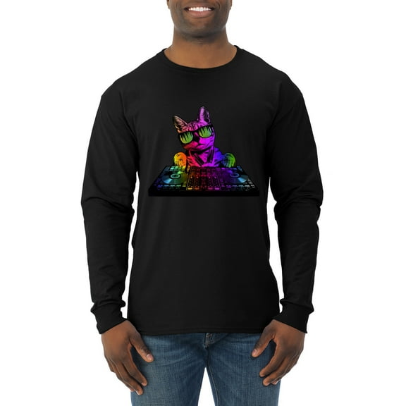 Neon Retro Rainbow DJ MC Hip Hop Cat | Mens Cat Lover Long Sleeve T-Shirt, Black, Small