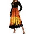 thumbnail image 4 of HAJWOH Halloween Dresses for Women Elegantes Flowy Ruffle Hem Maxi Dress Long Puff Sleeve Fall Winter Dresses with Belt Comfy Crew Neck Cotton Dresses Saffron S, 4 of 5