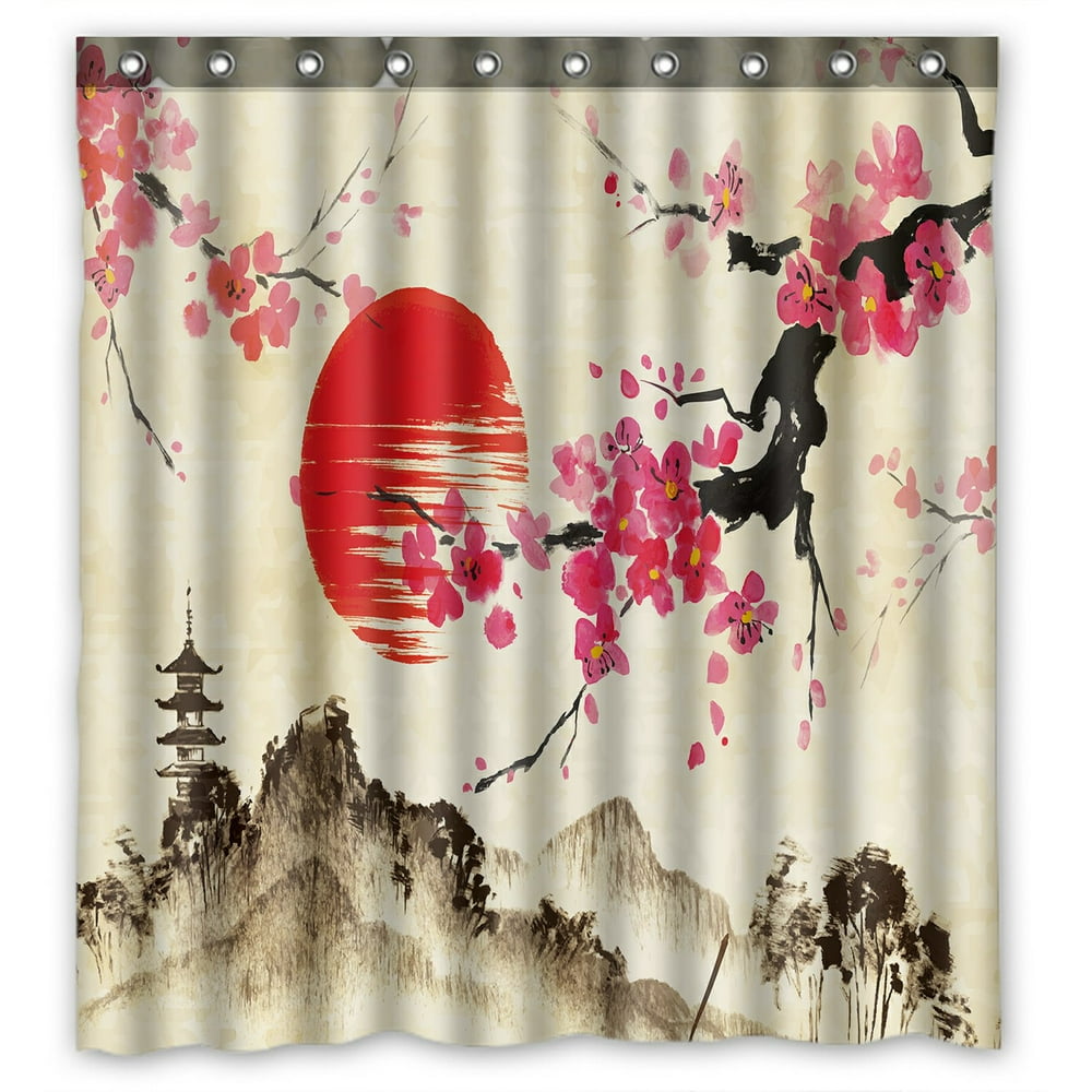 PHFZK Landscape Shower Curtain, Japanese Sakura Cherry Blossom Moon ...