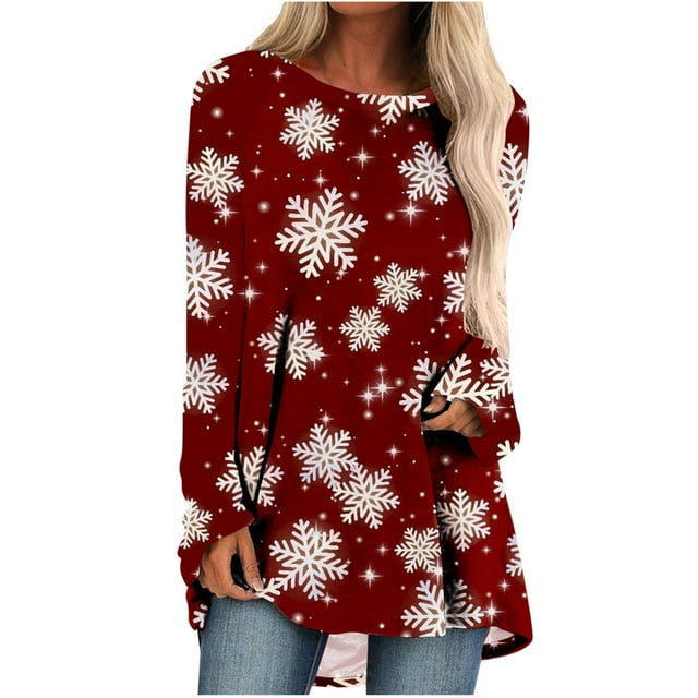 Camiseta de manga larga con cuello redondo y estampado navideño para mujer Pompotops qwe24294