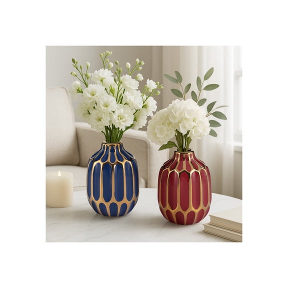 Elegant Ceramic Vase for Living Room Decor and Home Decor Accent - Modern Decorative Flower Vase for Room, Bedroom, or Office Desk - Designed for House and Table Decor - Set of 2, 5", Blue & Red
