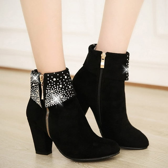 jsaierl Bottes Chaussures à Talons Hauts pour Femmes, Chaudes, Unies, Rétro, à Fermeture Éclair, Bout Rond, Talon Carré