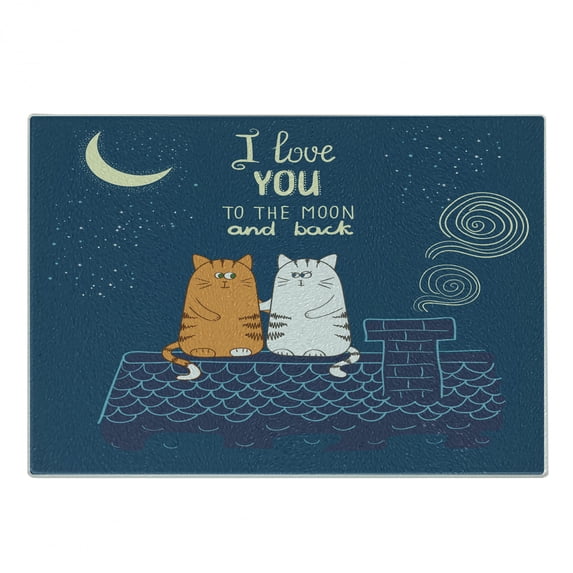 I Love You Cutting Board, Love Cats on the Roof Under Night Sky Moon Stars Caricature Kitty Image, Decorative Tempered Glass Cutting and Serving Board, Small Size, Petrol Blue Ivory, by Ambesonne