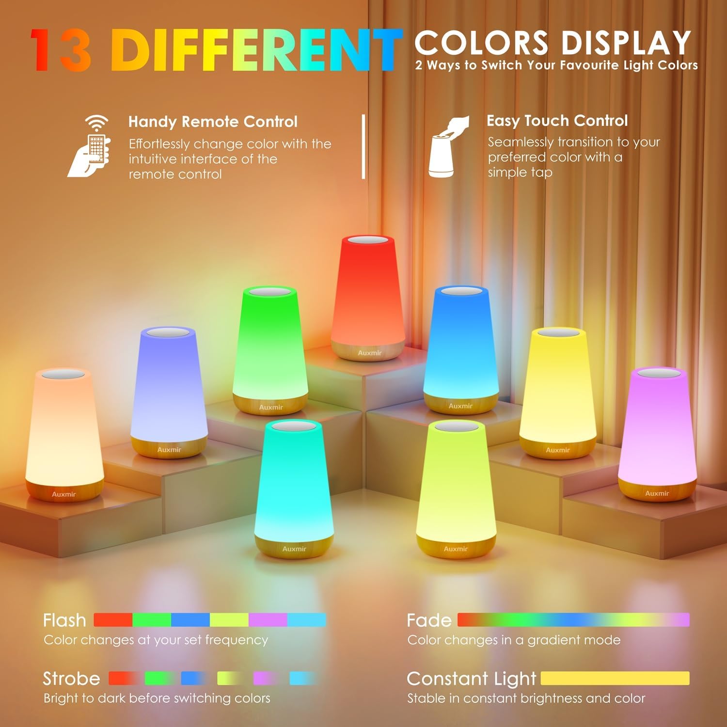 LED Night Light Bedside Lamp Touch and Remote Control Dimmable Tabletop 13 RGB Colors Changing 5 Brightness Adjustable Recharable Portable Lamp for Baby Kids Nursery Bedroom Bathroom Camping