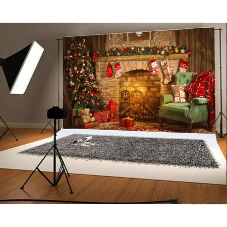 Image of MOHome 7x5ft Christmas Photography Backdrop Tree Fireplace Background Green Sofa Bear Dolls Gift Box Red Stocking Scene Photo Background Children Baby Adults Portraits Backdrop