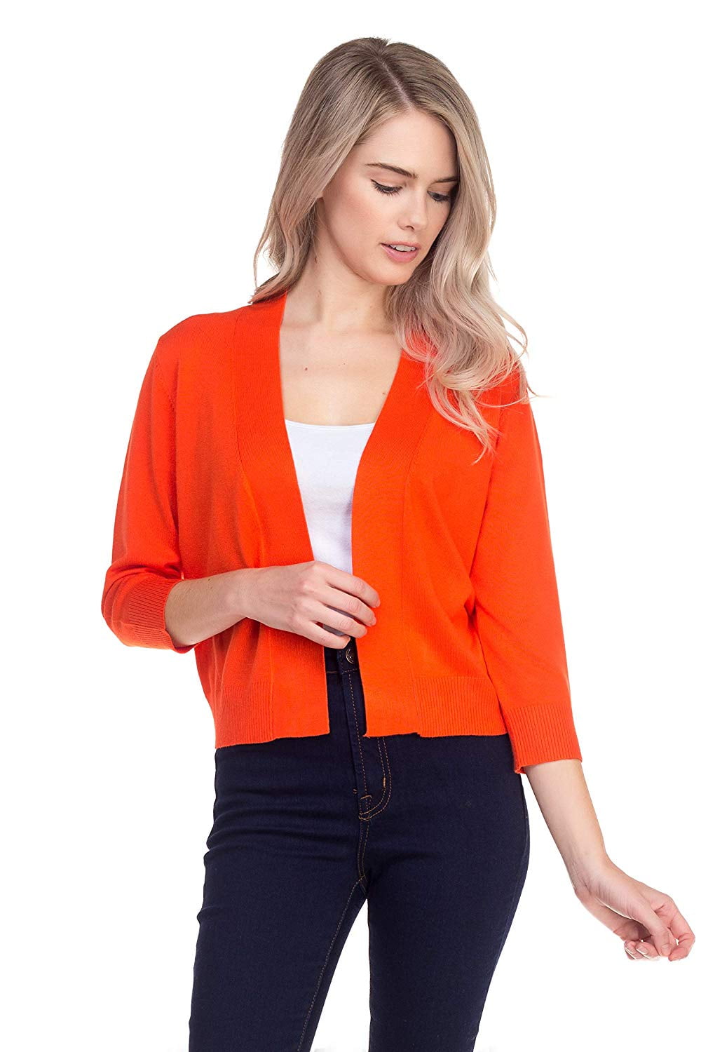 Women 3/4 Sleeve Solid Open Bolero Cropped Cardigan Shrug - Orange 