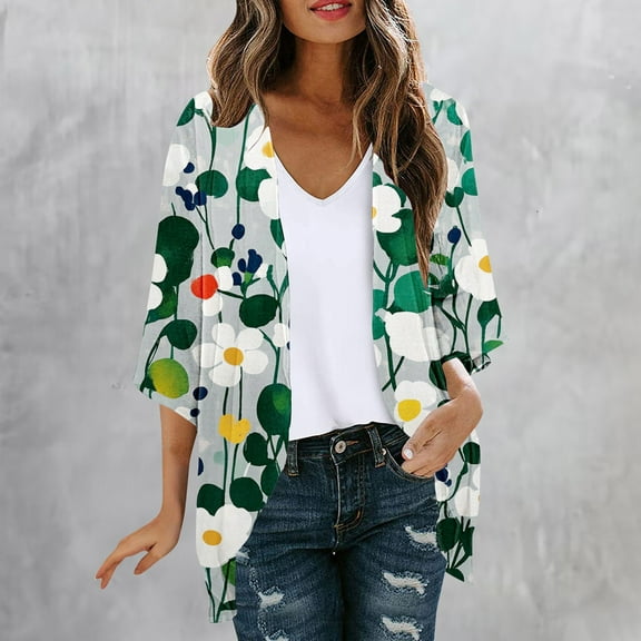 UVEASISHA Cardigan for Women Chiffon 3/4 Sleeve Vintage Floral Kimono Cardigan Boho Casual Beach Cover Ups Multicolor#3 S