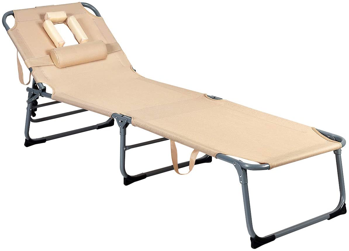 Patio Lounge Chair, Adjustable Folding Tanning Chair with Face Hole and