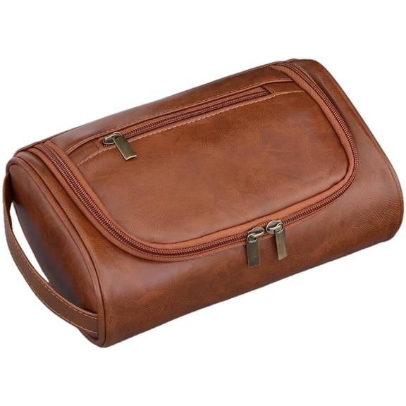 Toiletry Bag for Men, Brown PU Leather Travel Organizer, Waterproof Dopp Kit with Dual Zippers, Minimalist Style for Grooming, Shaving, Toiletries, 9.1 x 5.9 x 3.1 in