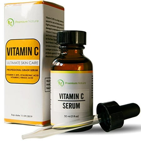 Skin Lightening Serum - Vitamin C Serum 20% Vitamin C Super Strength Supplement with Hyaluronic Acid for Skin, Face and Body, Anti Aging, Hydrating and Skin Repair 1 Oz By Premium Nature