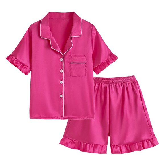 eczipvz Girls Pajamas Satin Pajama Set Silk Pjs Short Sleeve Sleepwear Loungewear Clothes Set Hot Pink 12-13 Years