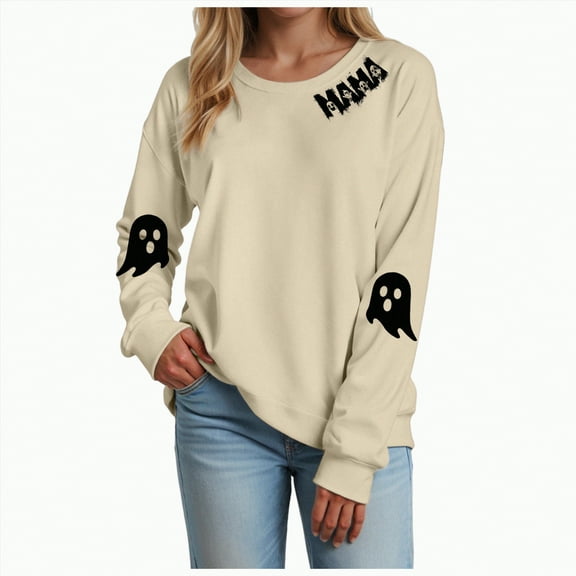 mgoYE Halloween Shirts for Women T Shirts for Women Casual Western Graphic Pullover Tops Hoodies Tees Cowgirls Country Outfits(Beige,L)