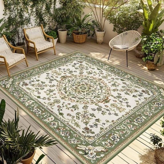 Fsddascl Sage Green Outdoor Rug for Patio/Deck/Porch, Non-Slip Large Area Rug 4 x 6 Ft, Southwest Tribal Antique Boho-Chic Heritage Indoor Outdoor Rugs Washable Area Rugs, Camping Rug Carpet