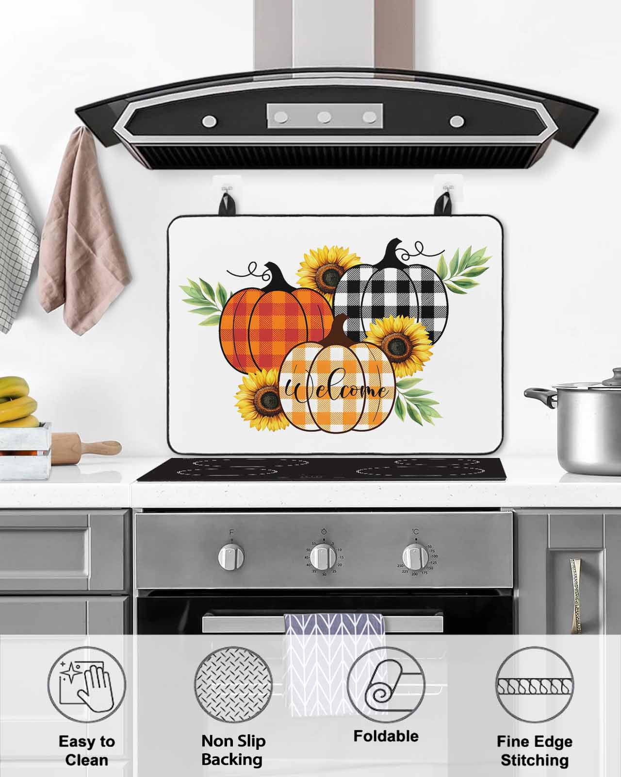 Large Induction Cooktop Protector Mat Thanksgiving Stove Top Covers for Electric Stove, Fall Colorful Plaid Pumpkin Sunflower Leaf Decorative Stove Burner Cover Mats, Glass Top Stove Cover