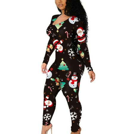 

UKAP Women Christmas Romper Jumpsuit Long Sleeve V-Neck One Piece Bodysuit Lounge Striped Pajamas Outfit Set Onesie Sleepwear