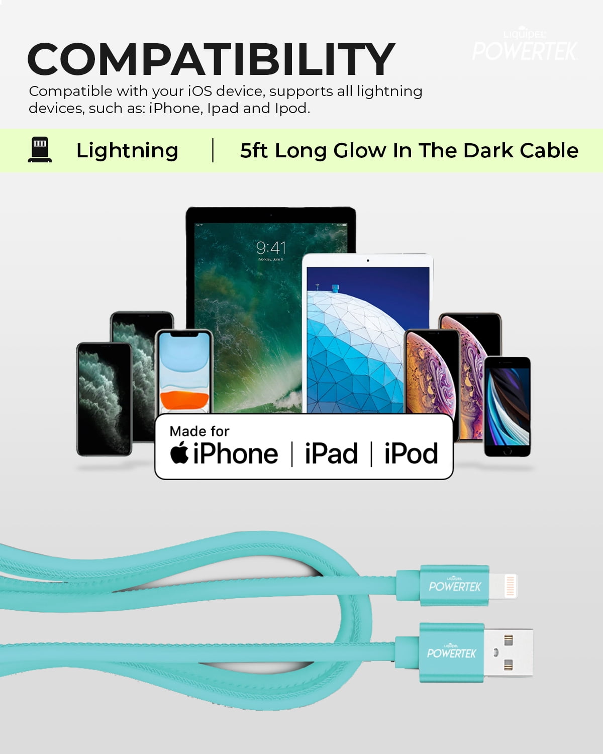 Liquipel Powertek Glow in Dark Cable lightning - Blue