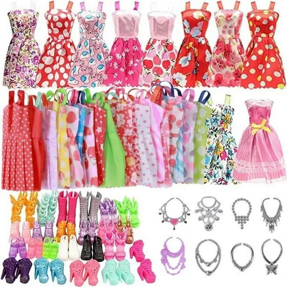 A-Waroom 32PC/Set Doll Accessories for 12 Inch Dolls,10 Fashion Dresses,5 Pair Shoes,6 Necklaces,6 Crowns,2 Glasses