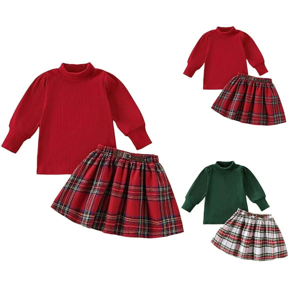 Ulanda Toddler Baby Girl Christmas Outfit Long Sleeve Turtleneck Ribbed Top Plaid A-line Skirt 2Pcs Set (Green, 2-3 Years)