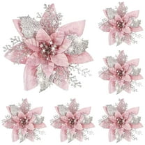 12 Pack 5.7 Inch Pink Glitter Poinsettia Flowers – Artificial Christmas Glitter Flowers for Xmas Tree, Wreaths, Garlands, Door & Window Holiday Décor, New Year Wedding Party Decorations