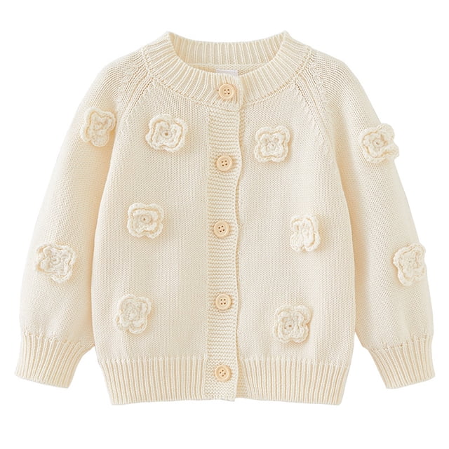 Cardigan Tricoté à Fleurs Fait à la Main pour Filles, Col Rond, Manches Longues, Veste Chandail