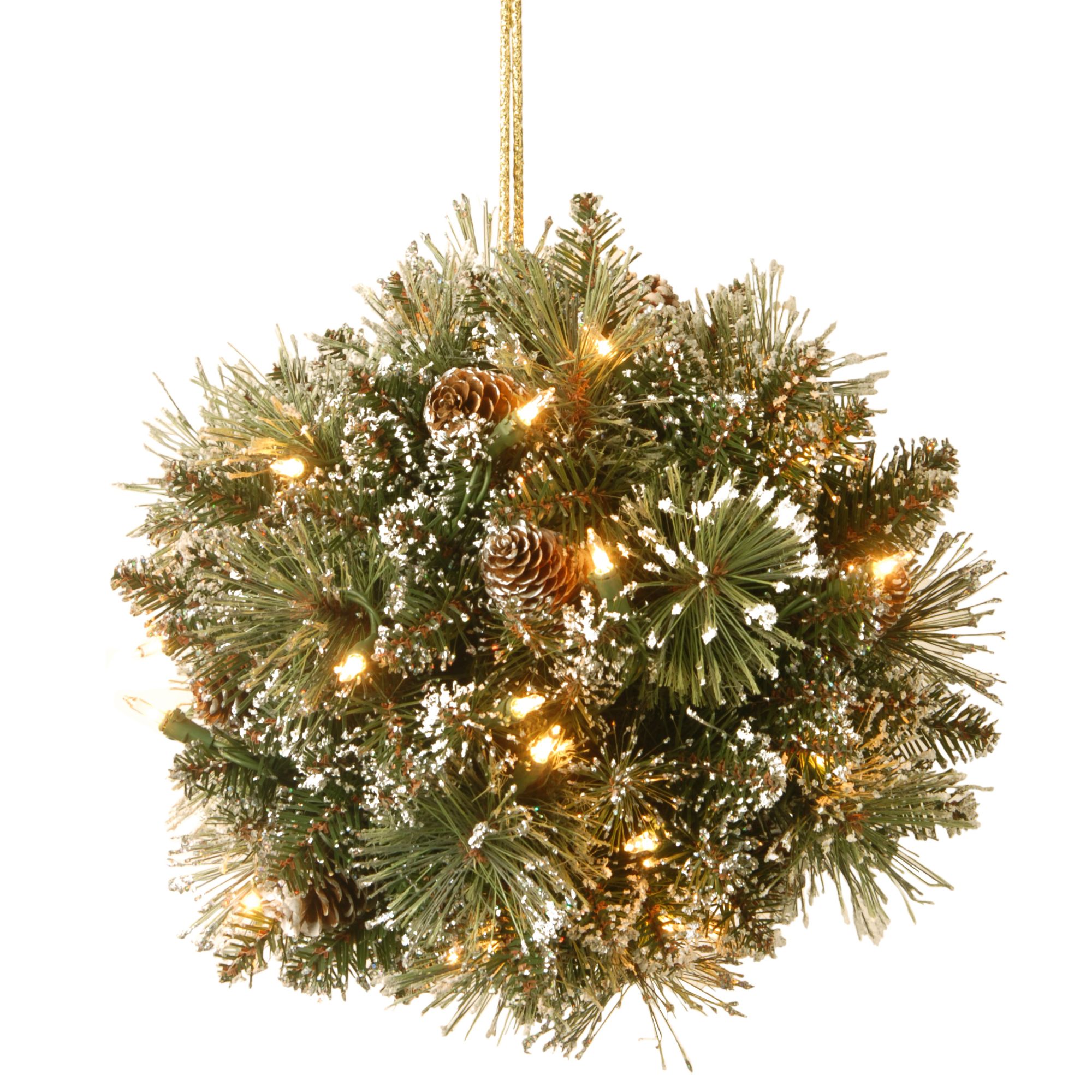 12" Green Glittery Bristle Pine Kissing Ball with Warm White LED Lights