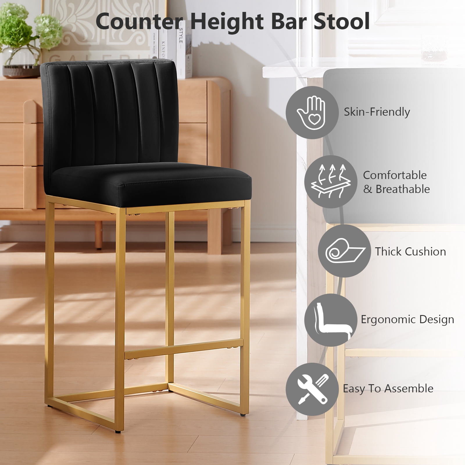 27 Inch Bar Stool, Velvet Counter Height Bar Stools, Set of 2 Bar Chairs with Back and Metal Legs, Kitchen Island Counter Stools for Pub, Dinning Room, Cafes